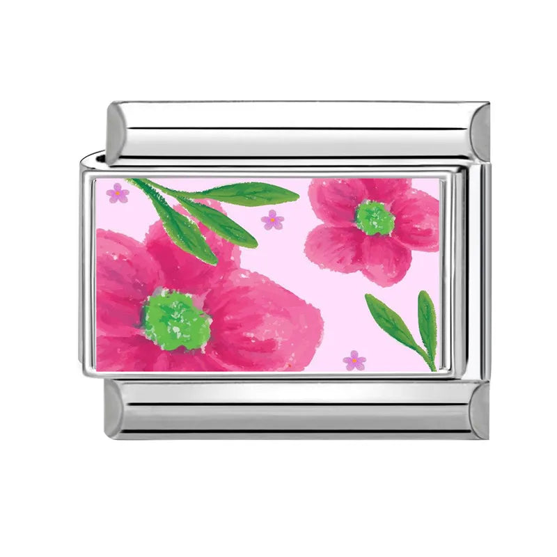 Růžové květiny se zelenými stonky