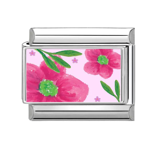 Růžové květiny se zelenými stonky